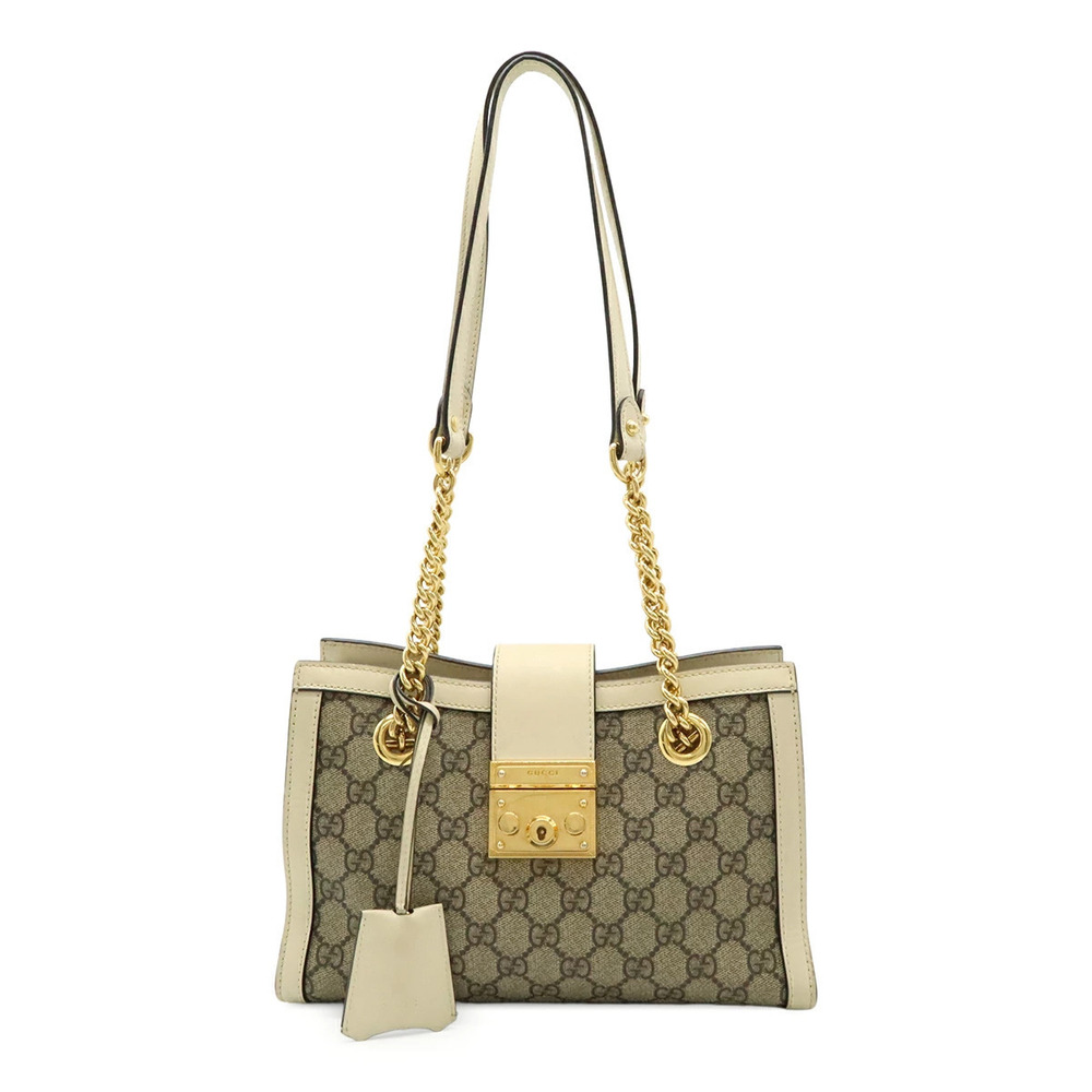 Gucci GG Supreme Padlock Shoulder Bag Chain Leather Beige Cream Ivory White